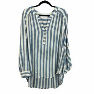 Jane + Delancey Blue & White Striped Roll Tab Sleeve Blouse Size 1X Coastal
